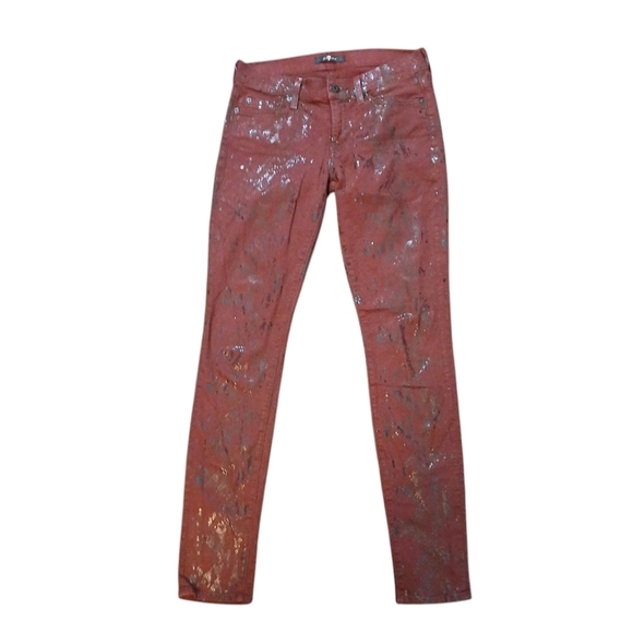 7 For All Mankind Burgundy Metallic Snakeskin Stretch Skinny Jeans size 27 - Picture 2 of 8